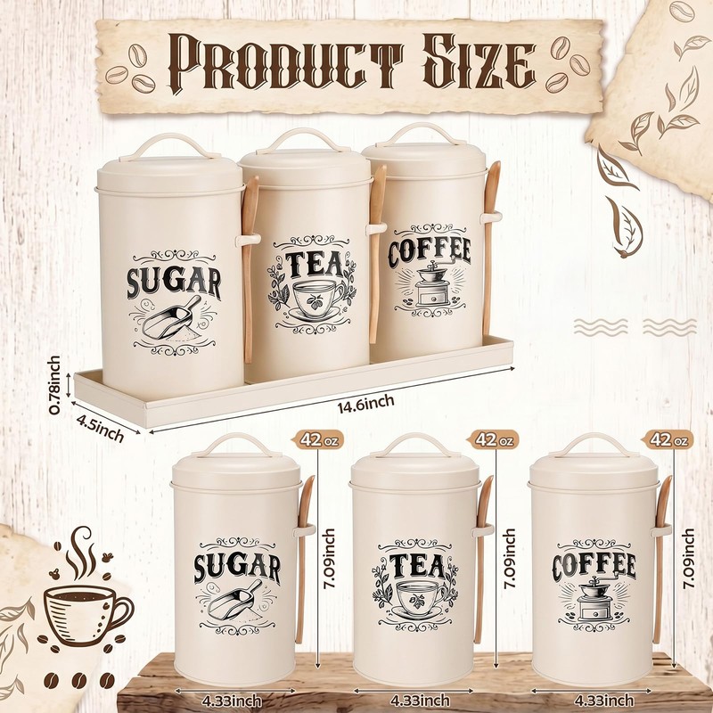Purpeak 3 Pcs Beige Coffee Tea Sugar Container Set, Metal