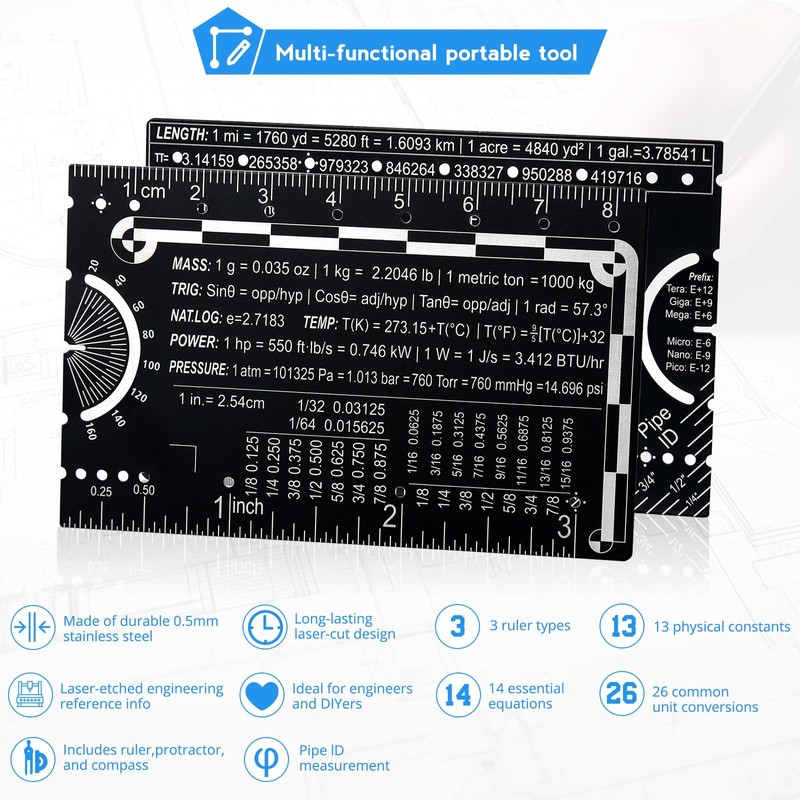 OCQOTAT Small Metal Ruler Protractor Compass Scale,Multi-Tool 3 Inch Metric
