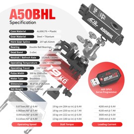AGFRC Servo digitale programmabile ad alta coppia a basso profilo da 19 kg - Servo senza spazzole per ingranaggi in metallo per modelli RC 1/10, angolo di controllo 180 ° (A50BHL e AGF-SPV3)