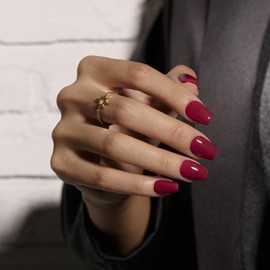 KQueenest Dark Red Press On Nails Short Coffin - Acrylic Press On Nails with Glue, Ballerina Short Fake Nails Press ons, Glossy Burgundy Maroon, Reusable Soft Gel Glue on Nails for Women, 30 Pcs