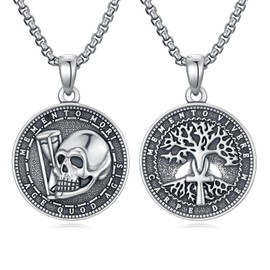 SIMONLY Memento Mori Necklace for Men 925 Sterling Silver Tree of Life Necklace Carpe Diem Ankh Pendant Gothic Skull Amulet Jewelry Gifts