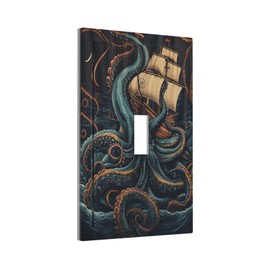 LOLREAI Decorative Light Switch Cover Plate Blue Octopus Pirate Ship Ocean Nautical 1 Gang Wall Plate Cover Single Toggle Switch Plate Covers Jumbo Electrical Switchplate Receptacle Faceplate