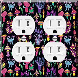 Double Duplex Outlet Cover Wall Plate - Psychedelic Mushroom Pattern