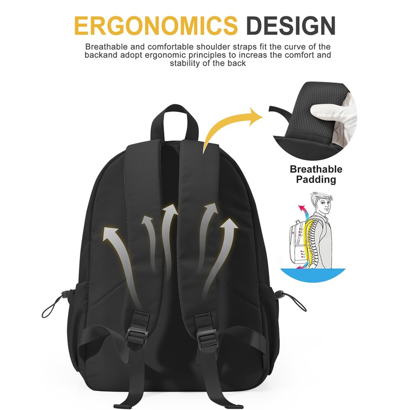 VECAVE School Backpack Black Waterproof Bookbag Casual Lightweight Travel Rucksack