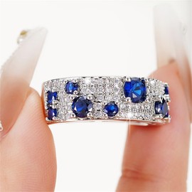 925 Sterling Silver Shiny Full Diamond Sapphire Ring 18K Gold Blue Cubic Zirconia Promise Rings CZ Diamond Multi Row Cocktail Rings Eternity Engagement Wedding Band Ring for Women Z.68 (US Code 7)