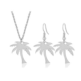 RUIZHEN Stainless Steel Tropical Palm Coconut Tree Beach Pendant Necklace For Women (silver set)