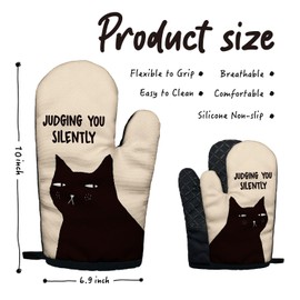Judging You Silently Funny Black Cat Oven Mitts with Hanging Loop and Silicone Non-Slip, Cute Cat Baking Kitchen Utensils 2-Piece Set, Gifts for Mom Aunt Sister BFF Cat Lover Colleague