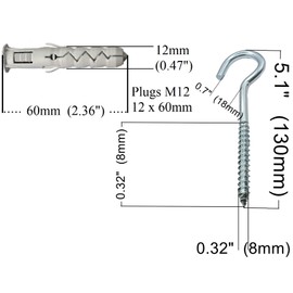 HAFD Ceiling Hooks Zinc Plated M8 8x130mm with M12 12x60mm Plugs, Durable Large Hooks for Secure Home Installation, Versatile Screw in Hooks for Garden and Wall Mounting Solutions Pack of 4