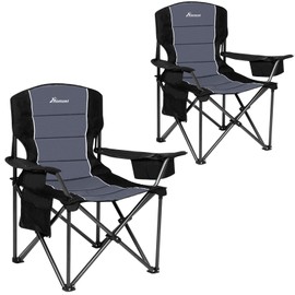 Romswi Oversized Folding Camping Chairs with Adjustable Arm Straps, 450lbs Weight Capacity, Padded Back, Cooler Bag & Side Pockets, Collapsible for Outdoor,Fishing & Garden,Black,2-Pack