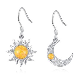 KINGWHYTE Sun and Moon Earring 925 Sterling Silver Celtic Earrings Opal Asymmetrical Funky Earrings Jewellery Gifts for Women Girls Friends, Sterling Silver, Opal