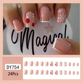 Square French Tip Press on Nails Christmas Short White False Nails Red Candy Snow Fake Nails with Design Nude Acrylic Glue on Nails Christmas French Artificial Nails Winter Stick on Nails for Women