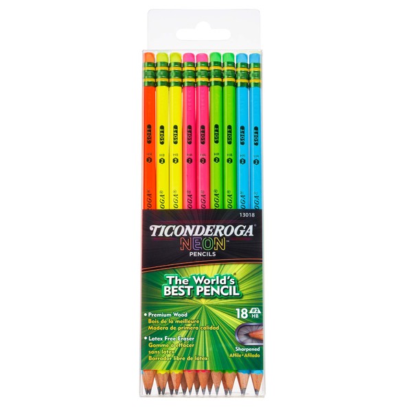 Ticonderoga Wood-Cased Pencils, Pre-Sharpened, 2 HB Soft, Neon Colors, 18