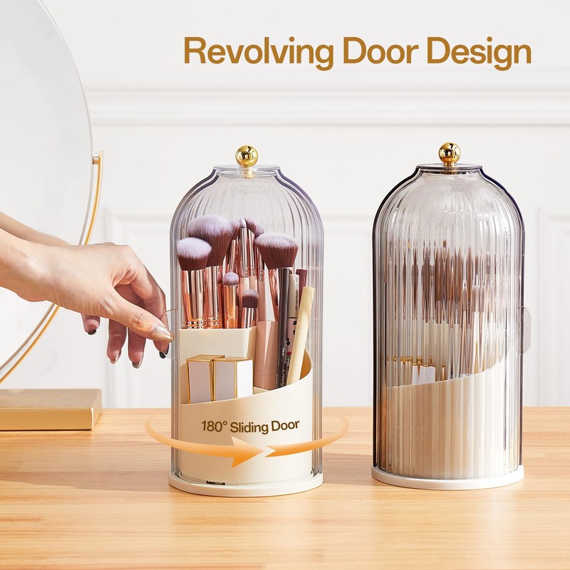 STORICANS Makeup Brush Holder Rotating Organiser with Clear Lid，Sliding Opening