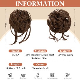 SARLA 2PCS Messy Bun Hair Pieces for Women Wavy Curly Synthetic Hairpieces for Updos with Tendrils Fake Scrunchies Ponytail Extension Chocolate Multi