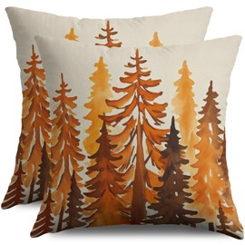 Fall Tree Pillow Covers 18X18 Set of 2, Autumn Burnt Orange Brown Colored Watercolor Forest Nature Theme Throw Pillowcases Seasonal Outdoor Rustic Farmhouse Cushion Cover Couch Sofa Bed Home Decor