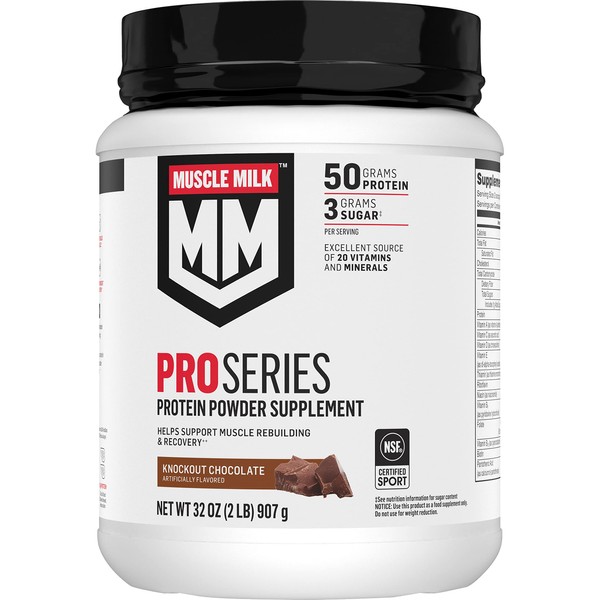 Muscle Milk Pro Series Protein Powder Supplement,Knockout Chocolate,2 Pound,11 Servings,50g Protein,3g Sugar,20 Vitamins & Minerals,NSF Certified for Sport,Workout Recovery,Packaging May Vary