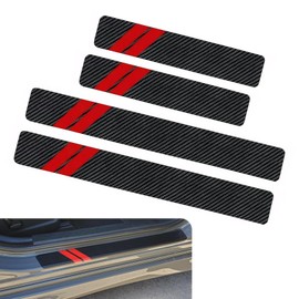 Prywog 4 PCS Car Door Sill Strip, 2 Long 23.6" x 2.7" + 2 Short 15.7" x 2.7" PU Leather Trunk Anti-Scratch and Anti-trampling Protector, Carbon Fiber Sports Decoration, Universal for Cars (Red)