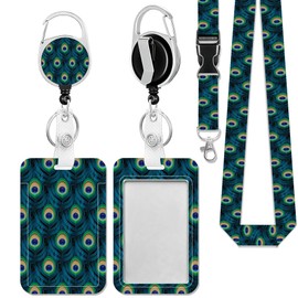 Badge Holder with Lanyard,Golden Green Peacock Feathers ID Name Badge Card Holder with Lanyard,Badge Reel Heavy Duty with Carabiner Clip,Nurse Teacher Office Gifts