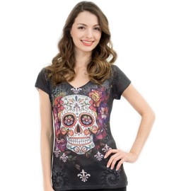 Sweet Gisele Woman Sugar Skull V-Neck T-Shirt Tee Beautiful Print Decorated with Sparkling Bling Rhinestones,Black,Small