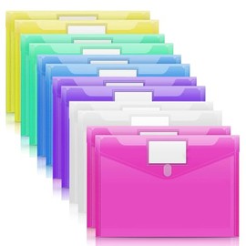 KOOSREEL 12 Pack A4 Document Wallets File Folder 6 Clear PVC Colors Closure Closure Bag with Flap Closure and Label for Office Travel Accessories