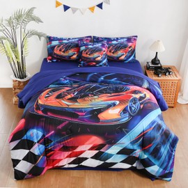 DORCAS Race Car Bedding Set Twin Size,6Pcs Racing Car Comforter Set,Twin Bedding Set for Boys Girls Kids