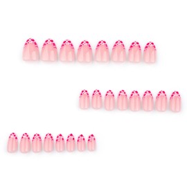 Valentines Press on Nails Heart Fake Nails with Glue Glossy False Nails French Tip Nails Press on Acrylic Nails Hot Pink Glue on Nails Short Almond Press on Nails Wave Point Stick on Nails for Women