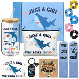 Potchen 12 Pcs Shark Gift Set Tumbler Makeup Bag Keychain Bracelet Sock
