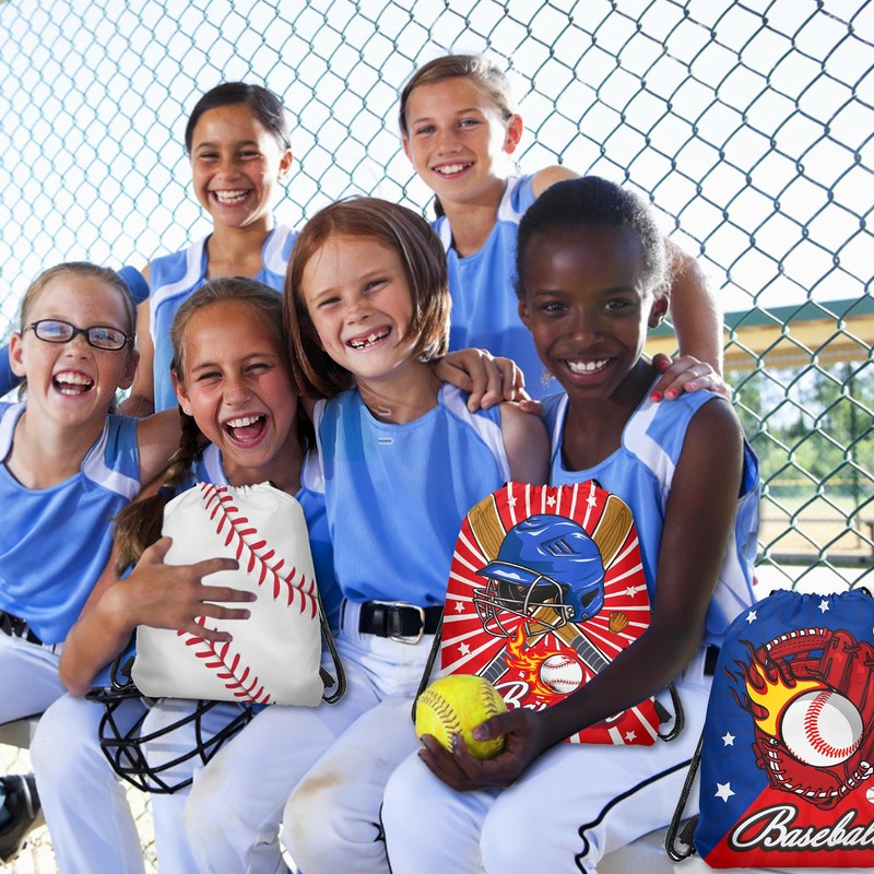 12 Pieces Baseball Themed Drawstring Non-Woven Bags, 3 Designs Sports