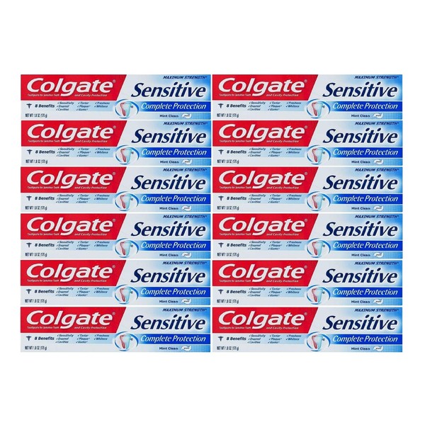 Colgate Sensitive Toothpaste, Maximum Strength, Clean Mint, Travel Size 1 oz (28.3g) - Pack of 12