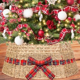 Christmas Tree Collar Rattan - 26" Rustic Wicker Christmas Tree Ring,Natural Woven Farmhouse Holiday Tree Skirt Cover,Xmas Tree Base Cover,Warm and Cozy Christmas Tree Accessories for Home Decoration