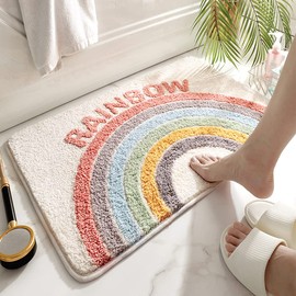 Akegna Rainbow Flocking Bath Mat, Bathroom Rug Water Absorbent Non-Slip Soft Microfiber Carpet Mat for Tub Sink Shower and Bath Room Cute Cartoon Doormat, 32"x 20"