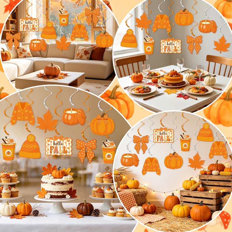 Fall Hanging Swirls Decorations, Bow Pumpkin Hello Fall Party Decorations,