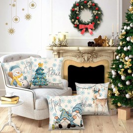Pack of 4 Christmas Cushion Covers, Christmas Cushion Covers, 45 x 45 cm, Christmas Decorative Cushion, Linen Cushion Cover, Christmas, Christmas Decoration for Living Room, Bedroom, Sofa Decorations