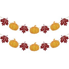 SerpizePaty Thanksgiving Banner, Pre-Strung Fall Maple Leaves Banner With Pumpkin, Glitter Thanksgiving Hanging Decorations, Fall Decorations For Home Autumn Fireplace Window Wall Favors