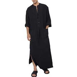 YAOHUOLE Men's Kaftan V-Neck Long Sleeve Kaftan Men's Long Button High Thobe Men's Side Split Cotton with Pockets, 01 black, 3xl