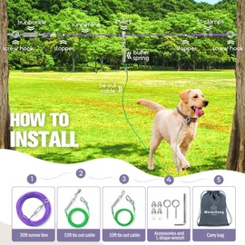 Upgraded Dog Runner for Yard, Heavy Duty Dog Trolley System 30ft with 10ft & 15ft Tie Out Cable, Outdoor Dog Lead for Large Dogs Up to 250lbs, Long Dog Leash Cable for Outside Camping, Backyard, Park