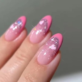 Heart Star Pink Almond Full Cover Glossy Spring Summer Wear False Nails, 24Pcs Acrylic French Tip Artificial Nail Art Accessories
