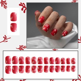 RIICFDD Christmas Press on Nails Red Fake Nails Short Coffin False Nails Branch Glue on Nails Artificial Acrylic Nails Full Cover Matte Stick on Nails for Women Girls Nail Decoration 24 Pcs