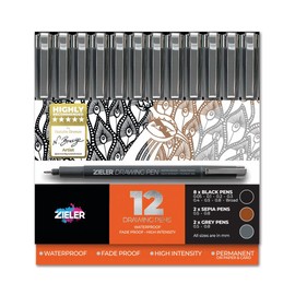 Zieler 12 Fineliner Drawing Pens | 8 Black, 2 Grey & 2 Sepia | High Intensity | Water & Fade Proof | Permanent | Long Cap-Off Life