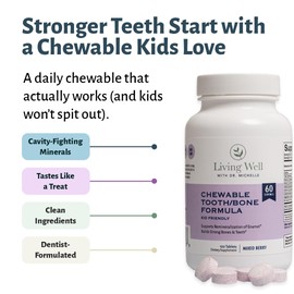 Living Well with Dr. Michelle Kids Tooth & Bone Supplement – Chewable for Strong Teeth & Cavity Defense – Calcium, D3, K2, Magnesium, Zinc – Ages 4+ – Mixed Berry Flavor – Fluoride-Free, Non-GMO