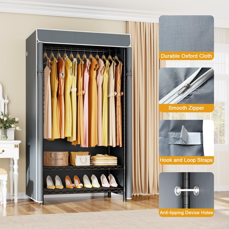 ULIFHOME H5C Clothes Rack with Cover, Portable Closet for Hanging