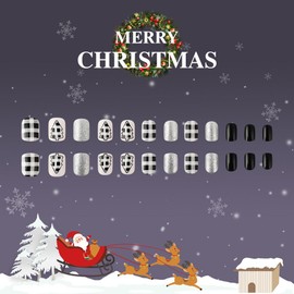 MINGCHUN Christmas Press-on Nails - 24 Pcs Short Square Acrylic Nails with Silver Glitter Christmas Tree Design, Full Cover Glue-on False Nails Art Kit