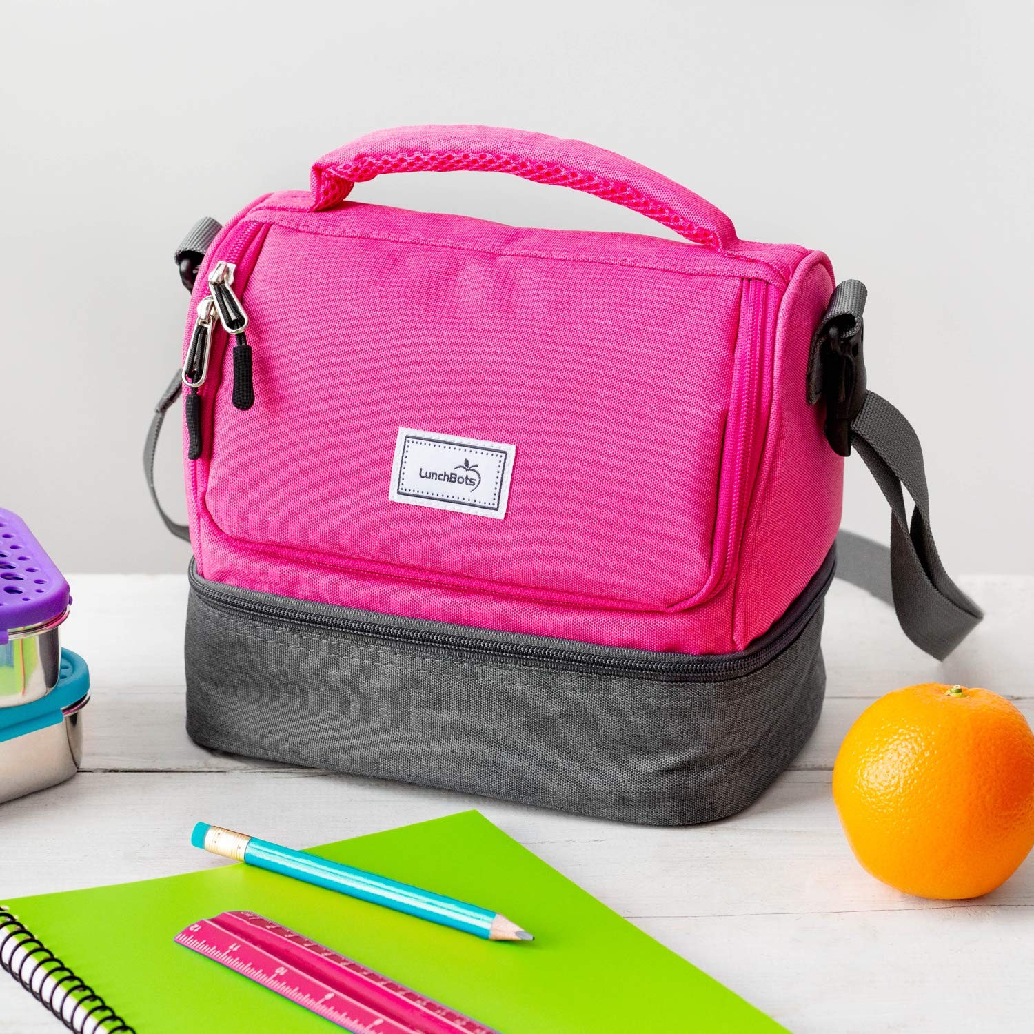 LunchBots Duplex Insulated Lunch Bag - Dual Section Design Fits Uno, Duo, Trio, Quad, Rounds, Bento Cinco Perfectly - Roomy Thermal Lunch Bag - Pink - Thumbnail 4