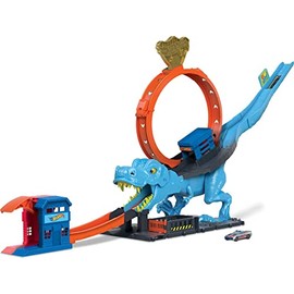 Hot Wheels Juego de pista urbana con 1 auto de juguete, carrera a través de un bucle gigante para derrotar a un gran dinosaurio, juego de acrobacias de bucle T-Rex y carrera