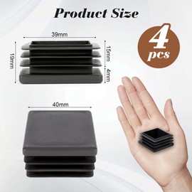 OSDUE 4PCS Square 40mm Black Plastic End Caps, Non-Slip Furniture Pads with Rubber Grip, for Bed, Cabinet, Sofa, Tables, Desks, Chairs, Prevent Scratches & Damage