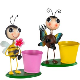 XONOR Mini Metal Flowers Planter with Cute Metal Insects, Metal Garden Decor Statues Yard Art Garden Decorative for Outside Lawn Outdoor Fence Decorations (2Pcs, Butterfly&Bee)