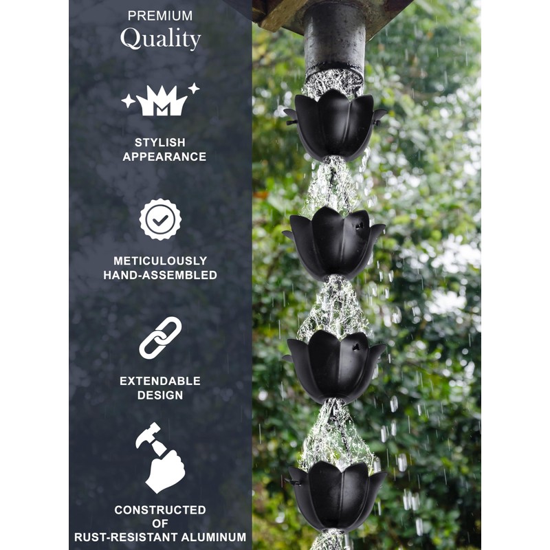 Monarch Rain Chains Aluminum Lotus Black Rain Chains for Gutters