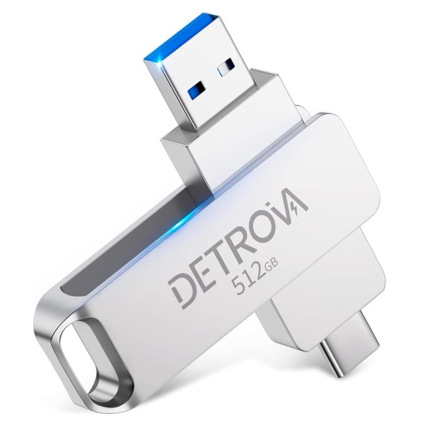 DETROVA USB Memory, 512 GB, 2-IN-1, USB3.0, Type-C Memory, Large Capacity Flash Memory, External Capacity, Eliminates Insufficient Capacity, Small Size, 360 Degree Rotation, Compatible with
