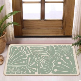 Koesus Boho Abstract Floral Door Mat, Moody Sage Green Botanical Floral Door Mat Indoor Outdoor Entrance Porch, Boho Bath Mats, Modern Abstract Welcome Mats, 17x30 Inches