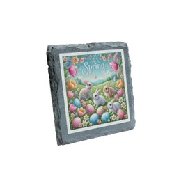 Spring Bunnies Slate Coaster – Festive Easter Decor with Adorable Rabbits & Eggs (slco-kf25-springbunnieskvd)